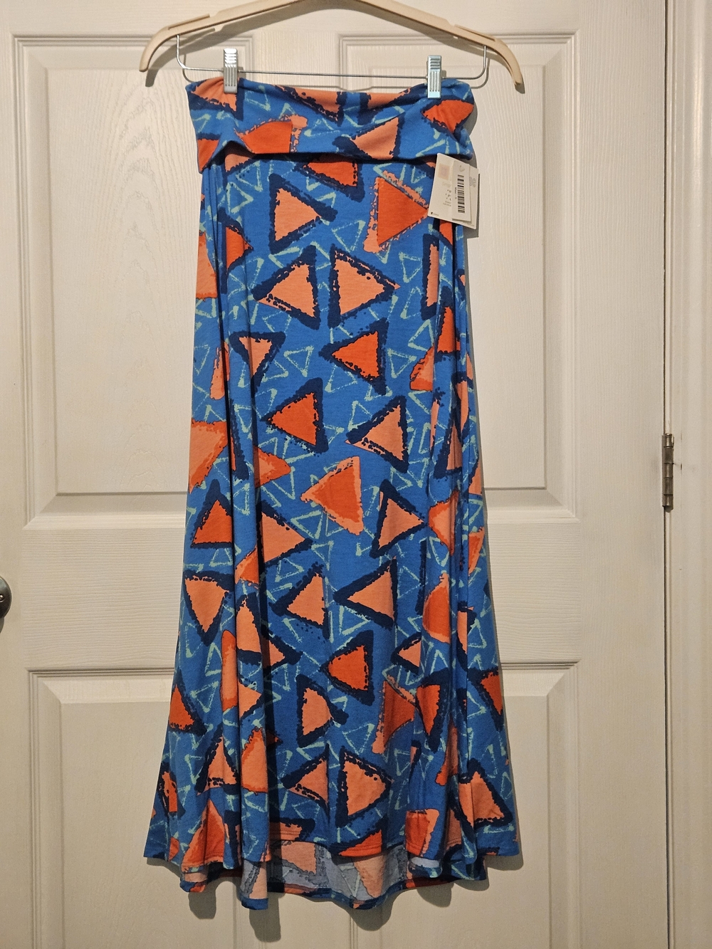 LuLaRoe S Maxi Skirt NWT Fold Over Waist Geometric Print Blue Red Peach Boho